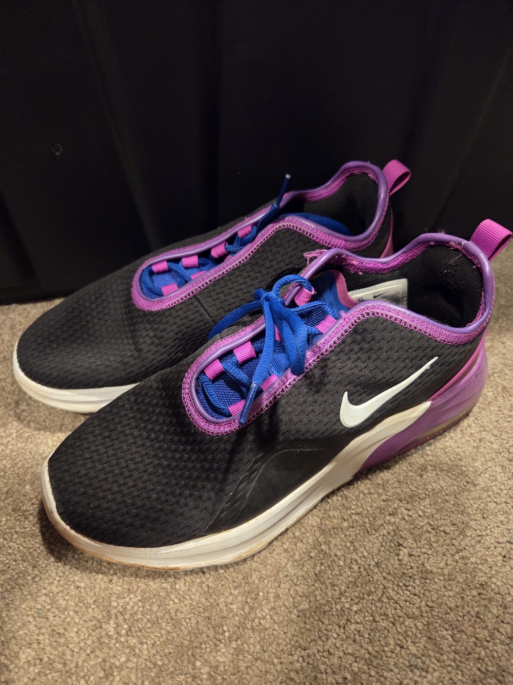 Nike Women's Black Sneakers with Purple Trim and Blue Laces